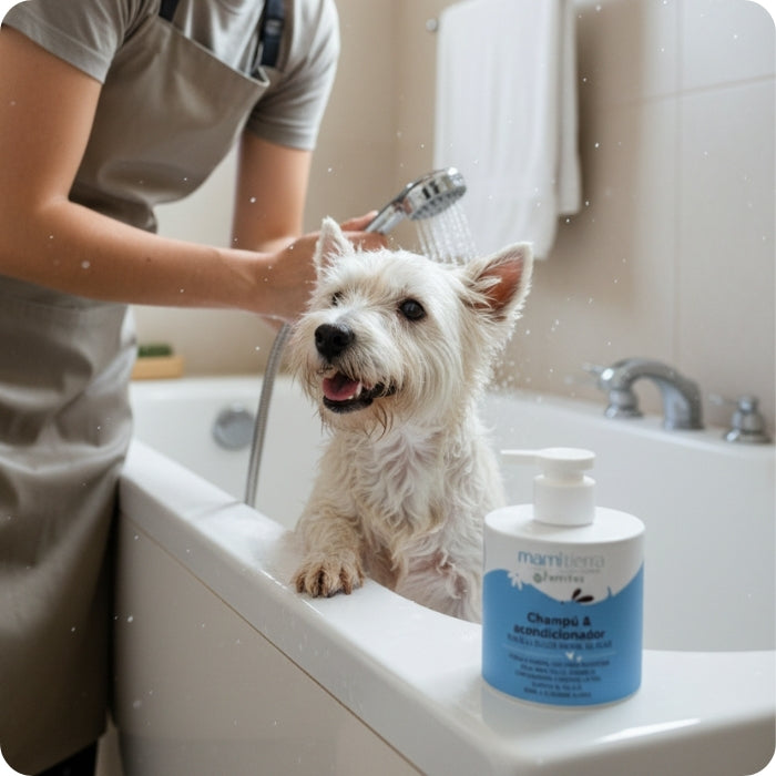 Champú mamitierra para perros. Ideal para pieles sensibles y/o dañadas. Hipoalergénico