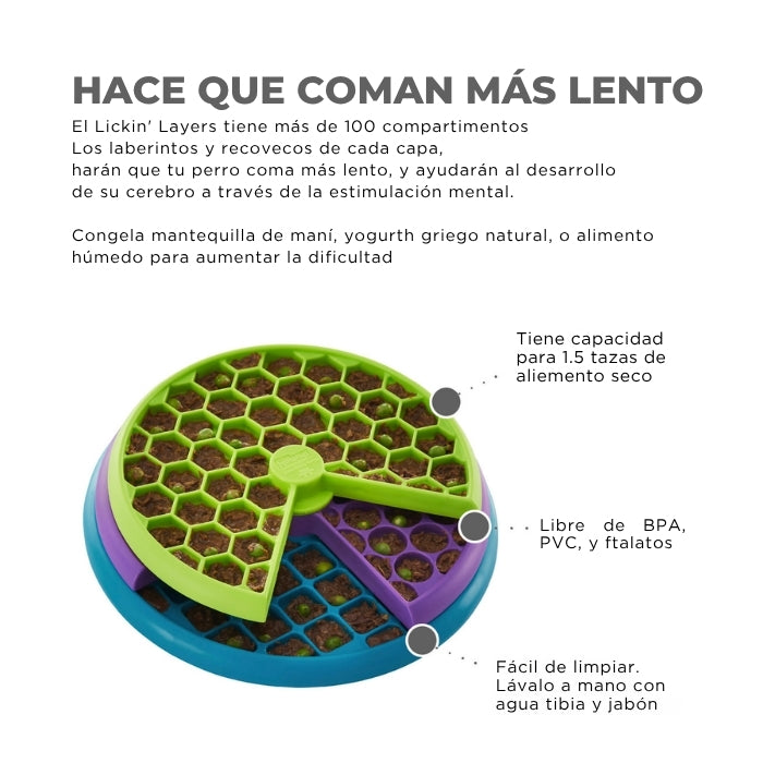 Juguete interactivo tipo puzzle para perros de todas las edadaes hace que coman más lento gracias a sus más de 100 compartimentos con diferentes texturas y formas. Lickin' layers de Nina Ottosson nivel 2