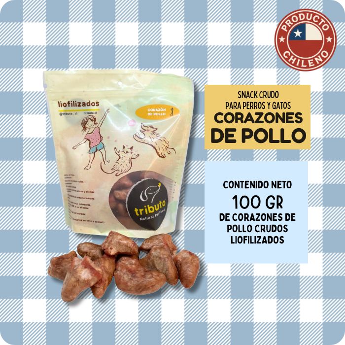 Snack crudo liofilizado para perros y gatos Corazones de Pollo Tributo