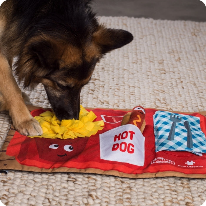 Perro talla mediana jugando con alfombra olfativa Nina Ottosson Activity matz Fast Food Fun