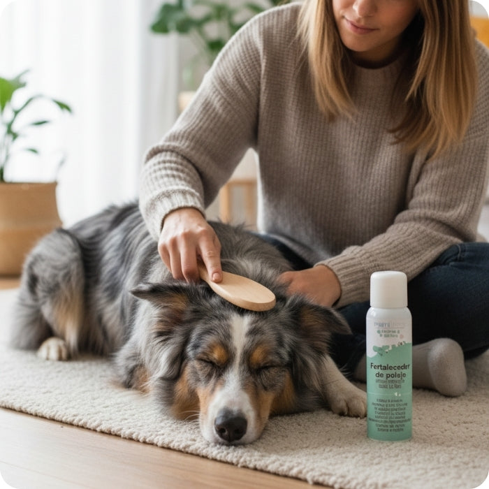 Dog mom peinando su perrito con Fortalecedor de pelaje mamitierra