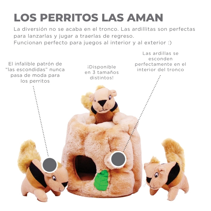 Los perros aman este peluche cognitivo, es muy versátil y viene en 3 tamaños diferentes. Hide a Squirrel de Outward Hound