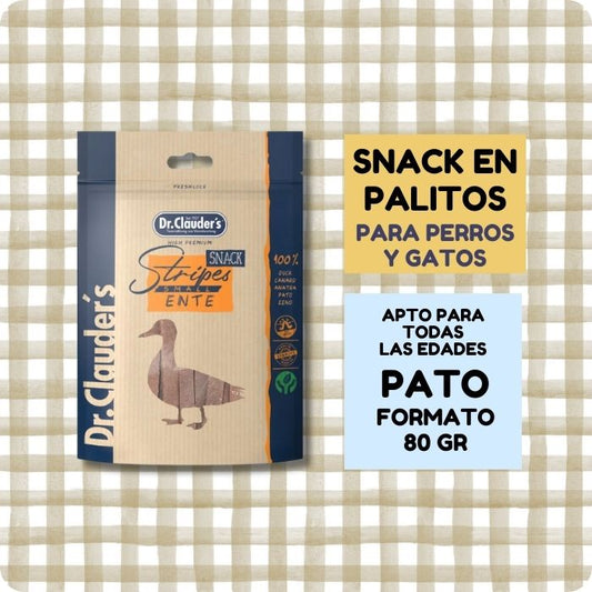 Snack natural para perros y gatos en palitos blandos variedad de Pato Stripes Ente Dr. Clauder's
