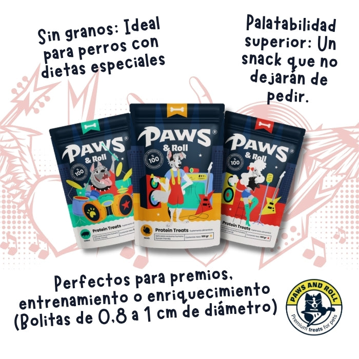 Propiedades snack natural funcional en bolitas Paws n roll