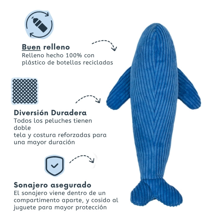 Características peluche sensorial ballena con sonido de 35 cms para perros Tall Tails