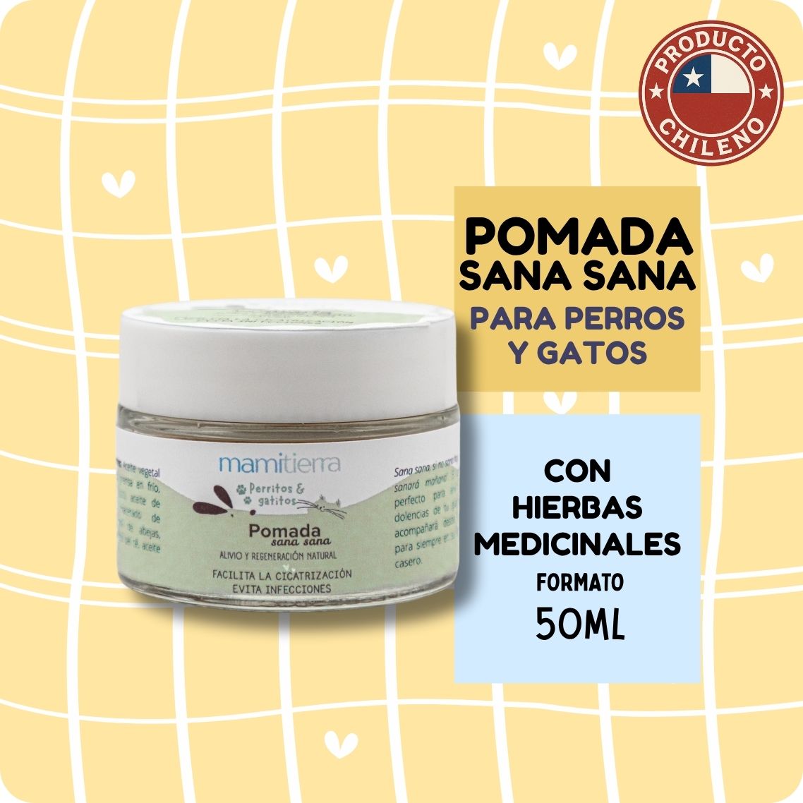 Pomada sana sana de mamitierra para mascotas. Ideal para heridas, quemaduras superficiales.  