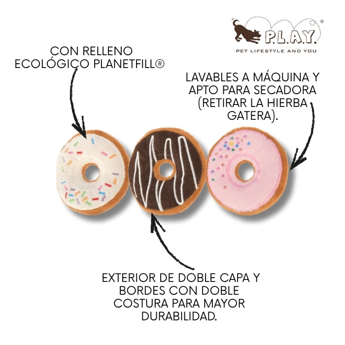 Propiedades peluches sensoriales Kitty kreme donuts con relleno ecologico y aptos para lavado a maquina