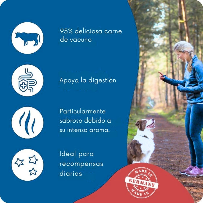 Propiedades snack natural para perros y gatos en palitos blandos variedad Vacuno Stripes Rino Dr. Clauder's