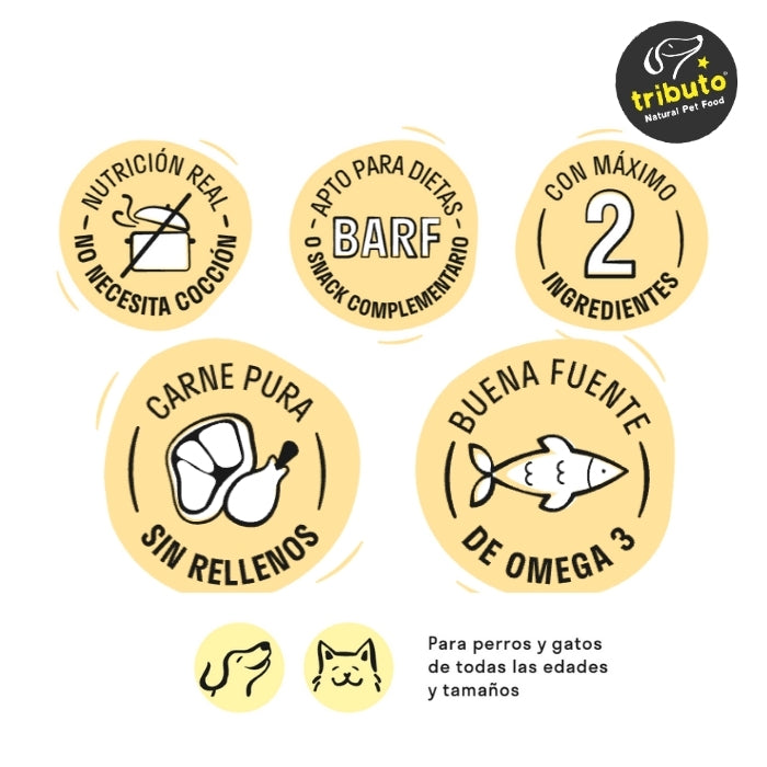 Propiedades snacks crudos liofilizados Tributo para perros y gatos