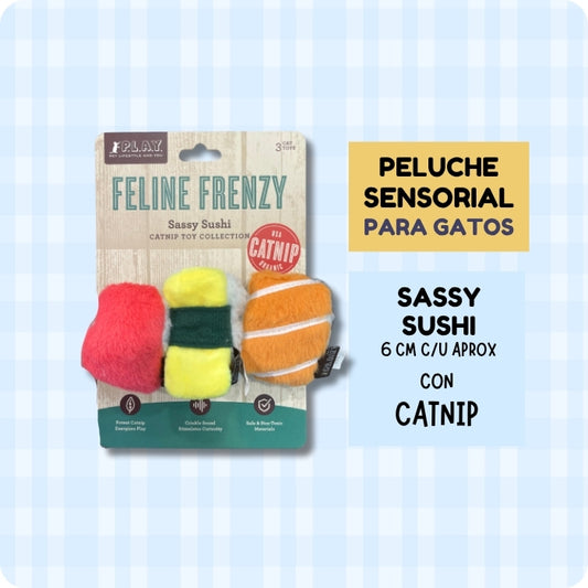 Peluche sensorial para gatos 3 piezas de sushi de 6cm aprox cada una con catnip Sassy Sushi