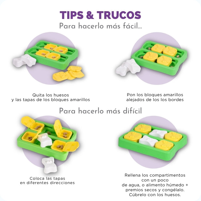 Tips y trucos para regular el nivel de dificultad de juguete cognitivo para perros de todas las edades Dog Brick Small de Nina Ottosson