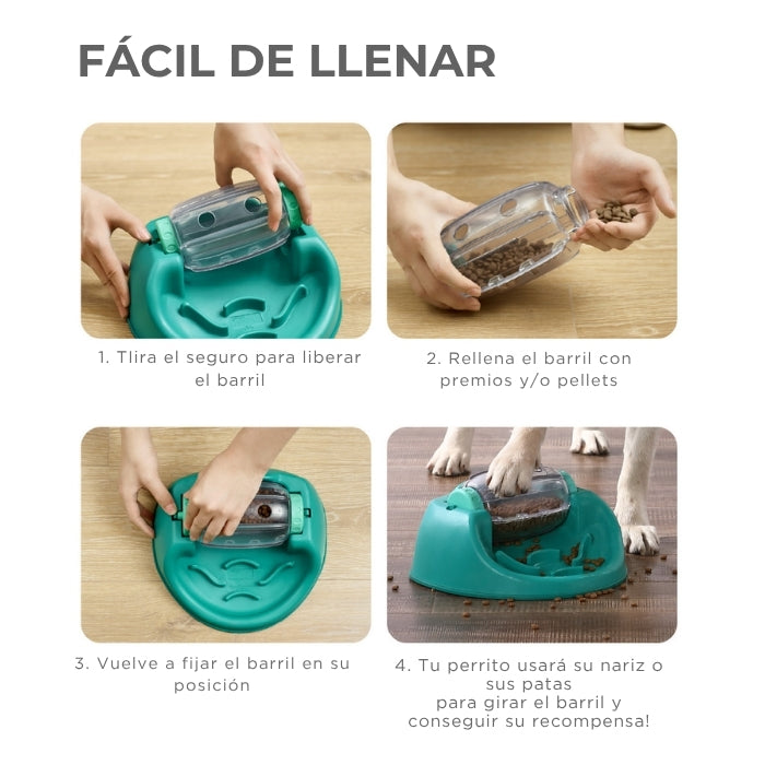 Puzzle cognitivo para perros Dog spin n' eat de Nina Ottosson es fácil de rellenar y usar