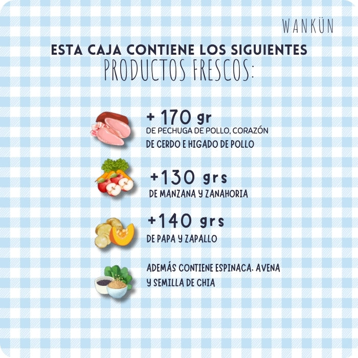 Ingredientes alimento deshidratado para perros Wankun pechuga de pollo, corazon de cerdo, manzana, znahoria, papa, zapallo, espinaca, avena y semilla de chia