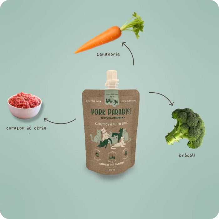 Ingredientes snack untable para gatos Pork paradise brocoli corazon de cerdo zanahoria